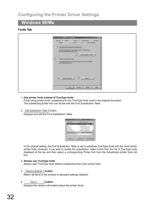 Page 32Configuring the Printer Driver Settings
32
Windows 98/Me
Fonts Tab
1.Use printer fonts instead of TrueType fonts
Prints using printer fonts, substituting for the TrueType fonts used in the original document.
The substituting printer font can be set with the Font Substitution Table.
2.  button
Displays and edit the Font Substitution Table.
In the original setting, the Font Substitution Table is set to substitute TrueType fonts with the most similar
printer fonts. However, if you wish to modify the...