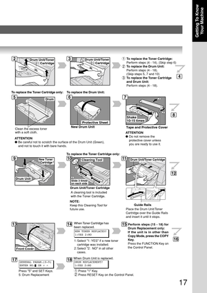 Page 1717
Getting To KnowYour Machine
Clean the excess toner
with a soft cloth.
Drum
Drum Unit/Toner Cartridge
Cleaning Tool
A cleaning tool is included 
with the Toner Cartridge.
Slide 3 times 
on each side
Guide Rails
Drum Unit/Toner Cartridge
Place the Drum Unit/Toner
Cartridge over the Guide Rails
and insert it until it stops.
Protective Sheet
New Drum Unit
Shake
10-15 times
Tape and Protective Cover
New Toner  
Cartridge*
Drum Unit
Drum Unit/Toner
Cartridge
4
3
ATTENTION
● Do not remove the
protective...