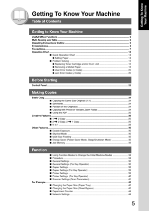Page 55
Getting To Know
Your Machine
Getting To Know Your Machine
Getting to Know Your Machine
Useful Office Functions .................................................................................................................. 2
Multi-Tasking Job Table .................................................................................................................. 2
Operating Instructions Outline ...................................................................................................... 3...