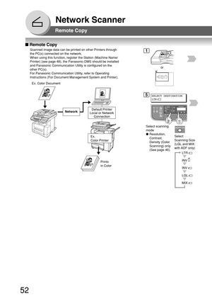 Page 5252
Network Scanner
Select
Scanning Size
(LGL and MIX:
with ADF  only)
LTR 
INV 
INV 
LGL 
MIX 
Select scanning
mode
● Resolution,
Contrast,
Density (Color
Scanning) only
(See page 46).
A
B
C
■  Remote Copy
or
Remote Copy
Scanned image data can be printed on other Printers through
the PC(s) connected on the network.
When using this function, register the Station (Machine Name/
Printer) (see page 48), the Panasonic-DMS should be installed
and Panasonic Communication Utility is configured on the
other...
