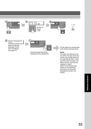 Page 5353
Network Scanner
SELECT DESTINATION
LTR
REMOTECOPY
REMOTE COPY
NO. OF COPY=_
Number of
Copies
(1-99)
Scanned image data will be
transferred to the selected PC. PC will output the received data
to the default (desired) printer.
NOTE:
The paper size defaults to the
size which has been set by the
remote copy configuration and
the output printer driver. There
are times when the paper size
differs from the scanning size
assigned in Step 5.
(Refer to the Remote Copy
Section on the Operating
Instructions for...