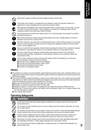 Page 99
Getting To KnowYour Machine
Never touch a power cord with wet hands. Danger of electric shock exists\
.
If the power cord is broken or insulated wires are exposed, contact your\
 Service Provider for a
replacement. Using a damaged cord can cause fire or electric shocks.
Stop operation immediately if your machine produces smoke, excessive hea\
t, unusual noise, or smell,
or if water is spilt onto the machine. These conditions can cause fire. Immediately switch Off and
unplug the machine, and contact...