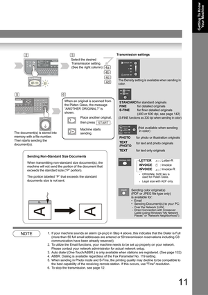 Page 1111
Getting To Know 
Yo u r  M a c h i n e
NOTE1. If your machine sounds an alarm (pi-pi-pi) in Step 4 above, this indicates that the Dialer is Full 
(more than 50 full email addresses are entered or 50 transmission reservations including G3 
communication have been already reserved).
2. To utilize the Email functions, your machine needs to be set up properly on your network. 
Please contact your network administrator for actual network setup.
3. Auto dialer (One-Touch/ABBR.) is only available when...