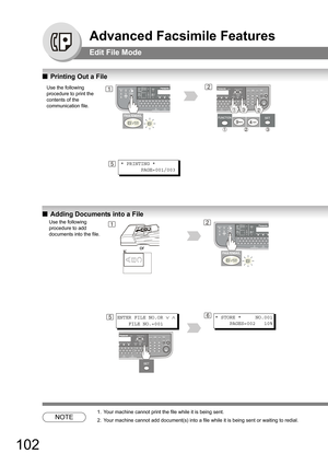 Page 102102
Advanced Facsimile Features
Edit File Mode
QPrinting Out a File
QAdding Documents into a File
NOTE
1. Your machine cannot print the file while it is being sent.
2. Your machine cannot add document(s) into a file while it is being sent or waiting to redial.
Use the following 
procedure to print the 
contents of the 
communication file.12
5* PRINTING *
       PAGE=001/003
Use the following 
procedure to add 
documents into the file.1
* STORE *     NO.001
     PAGES=002   10%
2
ENTER FILE NO.OR ∨ ∧...