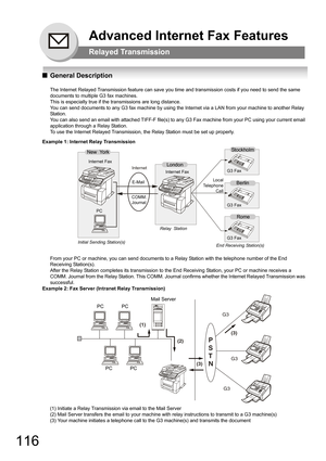 Page 116116
Advanced Internet Fax Features
Relayed Transmission
QGeneral Description
The Internet Relayed Transmission feature can save you time and transmission costs if you need to send the same 
documents to multiple G3 fax machines.
This is especially true if the transmissions are long distance.
You can send documents to any G3 fax machine by using the Internet via a LAN from your machine to another Relay 
Sta tio n.
You can also send an email with attached TIFF-F file(s) to any G3 Fax machine from your PC...