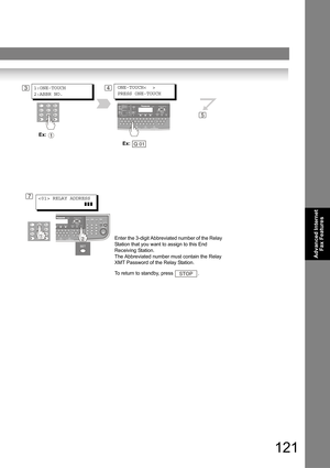 Page 121121
Advanced Internet 
Fax Features
4
 RELAY ADDRESS
                
]]]
ONE-TOUCH<  >
PRESS ONE-TOUCH3
Ex:  Q 01
Enter the 3-digit Abbreviated number of the Relay 
Station that you want to assign to this End 
Receiving Station.
The Abbreviated number must contain the Relay 
XMT Password of the Relay Station.
To return to standby, press  .
STOP
1:ONE-TOUCH
2:ABBR NO.
Ex: 
1
5
7 