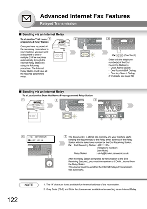 Page 122122
Advanced Internet Fax Features
Relayed Transmission
QSending via an Internet Relay
QSending via an Internet Relay
NOTE1. The “#” character is not available for the email address of the relay station.
2. Gray Scale (F8-8) and Color functions are not available when sending via an Internet Relay.
To a Location That Has a 
programmed Relay Station
Once you have recorded all 
the necessary parameters in 
your machine, you can send 
a document to one or 
multiple G3 Fax machines 
automatically through the...