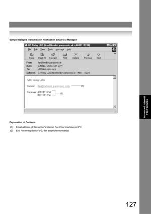 Page 127127
Advanced Internet 
Fax Features
Sample Relayed Transmission Notification Email to a Manager
Explanation of Contents
(1)Email address of the senders Internet Fax (Your machine) or PC
(2)End Receiving Stations G3 fax telephone number(s)
(2)(1) MMM, DD, yyyy 