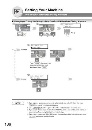 Page 136136
Setting Your Machine
One-Touch/Abbreviated Dialing Numbers
QChanging or Erasing the Settings of the One-Touch/Abbreviated Dialing Numbers
NOTE1. If you require a special access number to get an outside line, enter it first and then press 
. A hyphen - is displayed for pause.
2. Use  to enter a space between the numbers to make it easier to read.
3. If you have to change any of the One-Touch/ABBR No., enter a new number, email address or 
station name after pressing 
 key in each steps.
4. If you make...
