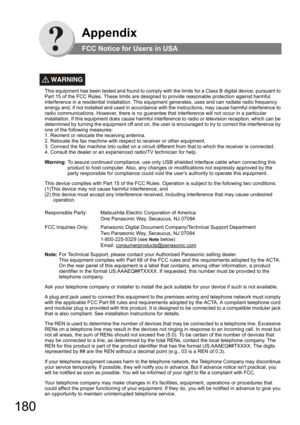 Page 180180
Appendix
FCC Notice for Users in USA
WARNING!
This equipment has been tested and found to comply with the limits for a Class B digital device, pursuant to 
Part 15 of the FCC Rules. These limits are designed to provide reasonable protection against harmful 
interference in a residential installation. This equipment generates, uses and can radiate radio frequency 
energy and, if not installed and used in accordance with the instructions, may cause harmful interference to 
radio communications....