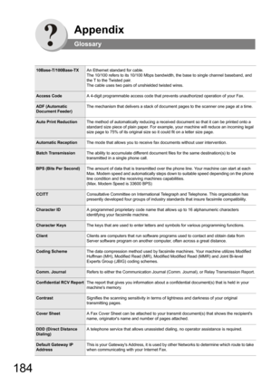 Page 184184
Appendix
Glossary
10Base-T/100Base-TXAn Ethernet standard for cable. 
The 10/100 refers to its 10/100 Mbps bandwidth, the base to single channel baseband, and 
the T to the Twisted pair.
The cable uses two pairs of unshielded twisted wires.
Access CodeA 4-digit programmable access code that prevents unauthorized operation of your Fax.
ADF (Automatic 
Document Feeder)The mechanism that delivers a stack of document pages to the scanner one page at a time.
Auto Print ReductionThe method of automatically...