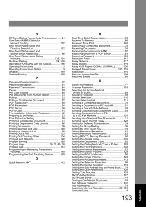 Page 193193Appendix
O
Off-Hook Dialing (Voice Mode Transmission) ..... 24
One-Touch/ABBR Dialing for  
Inbound Routing .............................................. 112
One-Touch/Abbreviated and  
Directory Search List ....................................... 162
One-Touch/Abbreviated and  
Search Email Addressing .................................. 56
One-Touch/Abbreviated Dialing  
Numbers.................................................. 132, 134
On-Hook Dialing .......................................... 24,...