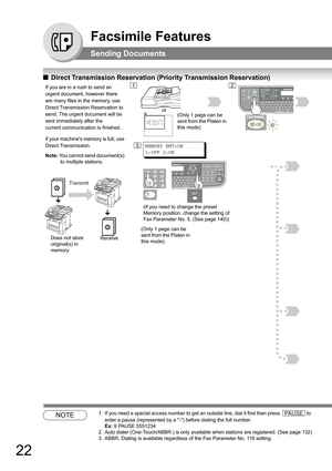 Page 2222
Facsimile Features
Sending Documents
QDirect Transmission Reservation (Priority Transmission Reservation)
NOTE1. If you need a special access number to get an outside line, dial it first then press  to 
enter a pause (represented by a -) before dialing the full number. 
Ex: 9 PAUSE 5551234
2. Auto dialer (One-Touch/ABBR.) is only available when stations are registered. (See page 132)
3. ABBR. Dialing is available regardless of the Fax Parameter No. 119 setting.
12If you are in a rush to send an...