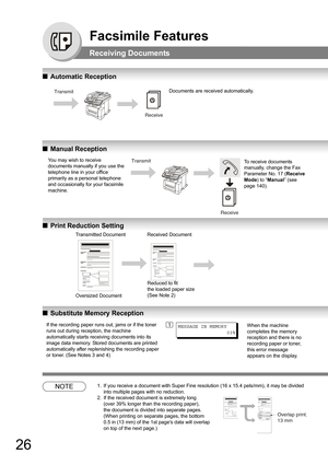 Page 2626
Facsimile Features
Receiving Documents
QAutomatic Reception
QManual Reception
QPrint Reduction Setting
QSubstitute Memory Reception
NOTE1. If you receive a document with Super Fine resolution (16 x 15.4 pels/mm), it may be divided 
into multiple pages with no reduction.
2. If the received document is extremely long  
(over 39% longer than the recording paper),  
the document is divided into separate pages. 
(When printing on separate pages, the bottom  
0.5 in (13 mm) of the 1st pages data will...