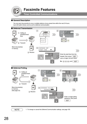 Page 2828
Facsimile Features
Timer Controlled Communications
QGeneral Description
You can send document(s) to one or multiple stations at any preset time within the next 24 hours.  
Up to 50 built-in timers can be set for deferred communication.
QDeferred Transmission
QDeferred Polling
NOTE1. To change or cancel the Deferred Communication settings, see page 100.
12
DEFERRED XMT
START TIME     
] : 
Enter the start time from the 
keypad, then press  .
(use a 4-digit, 24-hour clock)
Ex:  and 
SET
2330SET
4Store...