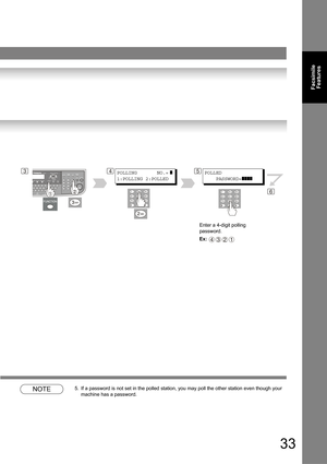 Page 3333
Facsimile 
Features
NOTE5. If a password is not set in the polled station, you may poll the other station even though your 
machine has a password.
543POLLING       NO.= ]
1:POLLING 2:POLLED 
POLLED
    PASSWORD=
]]]]
Enter a 4-digit polling 
password.
Ex: 
4321
6 