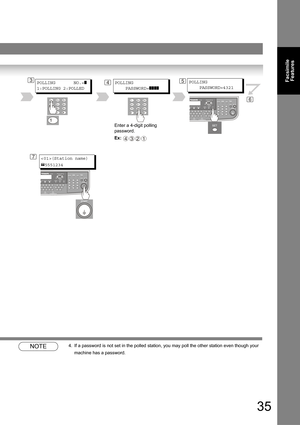 Page 3535
Facsimile 
Features
NOTE4. If a password is not set in the polled station, you may poll the other station even though your 
machine has a password.
354POLLING       NO.=]
1:POLLING 2:POLLED 
POLLING
    PASSWORD=
]]]]
Enter a 4-digit polling 
password.
Ex: 
4321
6
POLLING
    PASSWORD=4321
7(Station name)
5551234 