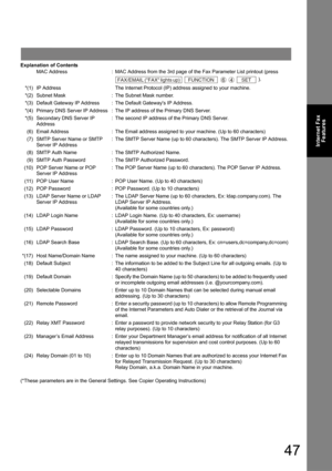 Page 4747
Internet Fax
Features
Explanation of Contents
(*These parameters are in the General Settings. See Copier Operating Instructions)
MAC Address:MAC Address from the 3rd page of the Fax Parameter List printout (press 
     ).
*(1)IP AddressThe Internet Protocol (IP) address assigned to your machine.
*(2)Subnet Mask:The Subnet Mask number.
*(3)Default Gateway IP Address:The Default Gateways IP Address.
*(4)Primary DNS Server IP Address:The IP address of the Primary DNS Server.
*(5)Secondary DNS Server IP...