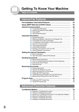 Page 66
Getting To Know Your Machine
Table of Contents
Pre-Installation Information/Features .............................................. 42
Setup (SMTP Mail Server/POP3 Client) ............................................ 44
Internet Communication .................................................................... 48
QTransmission/Reception ................................................................ 48
QInternet Fax Delivery Notice (MDN) ............................................... 48
QDirect SMTP...