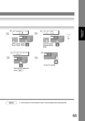 Page 6565
Internet Fax
Features
 
NOTE2. If the machine is in the Shutdown mode, it cannot wakeup when receiving Email.
146 POP TIMER
 3 min. (0-60)3
8
4
5
149 DEL POP ERR MAIL
 1:INVALID
Enter the desired 
download interval  
(0-60) FAX PARAMETER(1-183)
        NO.=
]
7
Select desired Setting and 
press .
SET
To return to standby. 