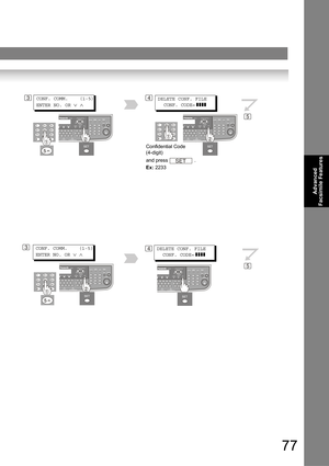 Page 7777
Advanced 
Facsimile Features
34DELETE CONF. FILE 
  CONF. CODE=
 ]]]]
3CONF. COMM.    (1-5)
ENTER NO. OR 
∨ ∧
CONF. COMM.    (1-5)
ENTER NO. OR 
∨ ∧
5
4DELETE CONF. FILE 
  CONF. CODE=
 ]]]]
5
Confidential Code
(4-digit)
and press   .
Ex: 2233
SET 