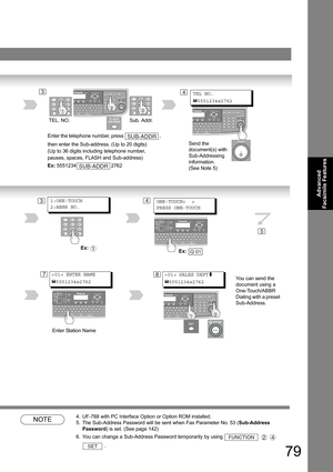 Page 7979
Advanced 
Facsimile Features
NOTE4. UF-788 with PC Interface Option or Option ROM installed.
5. The Sub-Address Password will be sent when Fax Parameter No. 53 (Sub-Address 
Password) is set. (See page 
142)
6. You can change a Sub-Address Password temporarily by using    
 .
34TEL NO.
5551234s2762
Enter the telephone number, press  , 
then enter the Sub-address. (Up to 20 digits) 
(Up to 36 digits including telephone number, 
pauses, spaces, FLASH and Sub-address)
Ex: 5551234 2762SUB-ADDR
SUB-ADDR...