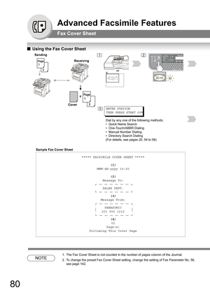 Page 8080
Advanced Facsimile Features
Fax Cover Sheet
QUsing the Fax Cover Sheet
NOTE
1. The Fax Cover Sheet is not counted in the number of pages column of the Journal.
2. To change the preset Fax Cover Sheet setting, change the setting of Fax Parameter No. 56, 
see page 
142.
 2
Page
 1
+
 2
Page
 1
21
Sample Fax Cover Sheet 
***** FACSIMILE COVER SHEET *****
(1)
MMM-dd-yyyy 15:00
(2)
Message To:
SALES DEPT.
(3)
Message From:
PANASONIC
201 555 1212
(4)
02
Page(s)
Following This Cover Page
5ENTER STATION
THEN...