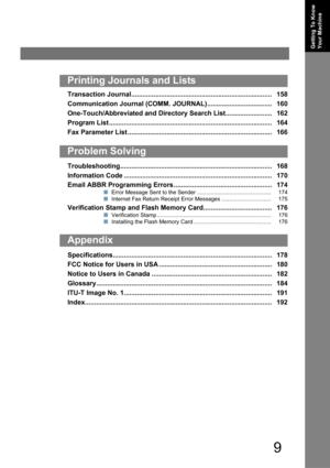 Page 99
Getting To Know 
Your Machine
Transaction Journal............................................................................ 158
Communication Journal (COMM. JOURNAL)................................... 160
One-Touch/Abbreviated and Directory Search List......................... 162
Program List ........................................................................................ 164
Fax Parameter List .............................................................................. 166...