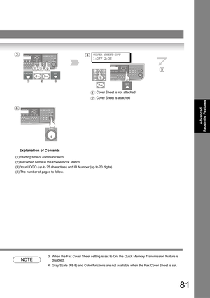 Page 8181
Advanced 
Facsimile Features
NOTE
3. When the Fax Cover Sheet setting is set to On, the Quick Memory Transmission feature is 
disabled.
4. Gray Scale (F8-8) and Color functions are not available when the Fax Cover Sheet is set.
3
5
6
Explanation of Contents
(1) Starting time of communication.
(2) Recorded name in the Phone Book station.
(3) Your LOGO (up to 25 characters) and ID Number (up to 20 digits).
(4) The number of pages to follow. 
4COVER SHEET=OFF
1:OFF 2:ON
: Cover Sheet is not attached 
:...