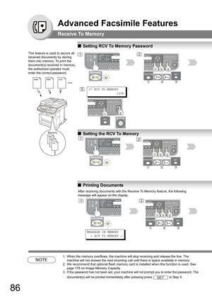 Page 8686
Advanced Facsimile Features
Receive To Memory
NOTE
1. When the memory overflows, the machine will stop receiving and release the line. The 
machine will not answer the next incoming call until there is space available in memory.
2. We recommend that optional flash memory card is installed when this function is used. See 
page 
178 on Image Memory Capacity.
3. If the password has not been set, your machine will not prompt you to enter the password. The 
document(s) will be printed immediately after...