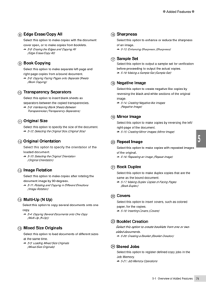 Page 1015-1  Overview of Added Features79
Added Features
5
Sharpness
Select this option to enhance or reduce the sharpness
of an image.
5-13: Enhancing Sharpness (Sharpness)
Sample Set
Select this option to output a sample set for verification
before proceeding to output the actual copies.
5-19: Making a Sample Set (Sample Set)
Negative Image
Select this option to create negative-like copies by
reversing the black and white sections of the original
image.
5-14: Creating Negative-like Images
(Negative Image)...