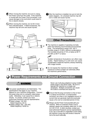 Page 13xi
and 85% at 95¡F or below.
aaaaaaaaaaaaaaaaaaaaaaaaa
Sudden temperature fluctuations can affect copy
quality.  Rapid heating of a cold room can cause
condensation inside the machine, directly interfering
aaaaaaaaaaaaaaaaaaaaaaaaaaaawith image transfer.
Do not expose the machine to direct sunlight.
Exposure to direct sunlight can adversely affect
the machineÕs performance.
When moving the machine, be sure to unplug
the Power Cord from the outlet.  If the machine
is moved with the Power Cord connected,...