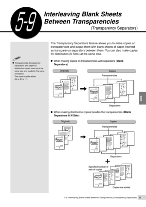 Page 1215-9  Interleaving Blank Sheets Between Transparencies (Transparency Separators)99
Added Features
5
Interleaving Blank Sheets
Between Transparencies
(Transparency Separators)
Transparencies, transparency
separators, and paper for
distribution copies must be of the
same size and loaded in the same
orientation.
The sizes must be either
A4 or 8.5 x 11.
The Transparency Separators feature allows you to make copies on
transparencies and output them with blank sheets of paper inserted
as transparency separators...