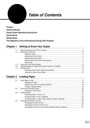 Page 19xvii
Table of Contents
Preface
Useful Features
Using These Operating Instructions
Conventions
Safety Notes
The Objective of the International Energy Star Program
Chapter 1  Getting to Know Your Copier
1-1 Main Components and Their Functions ..................................................................................... 2
1-2 Switching On and Off ................................................................................................................. 6
Breaker Switch...