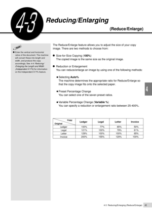 Page 654-3  Reducing/Enlarging (Reduce/Enlarge)43
Basic Features
4
Reducing/Enlarging
(Reduce/Enlarge)
The Reduce/Enlarge feature allows you to adjust the size of your copy
image. There are two methods to choose from:
Size-for-Size Copying (100%)
The copied image is the same size as the original image.
Reduction or Enlargement
You can reduce/enlarge an image by using one of the following methods:
Selecting Auto%
The machine determines the appropriate ratio for Reduce/Enlarge so
that the copy image fits onto the...