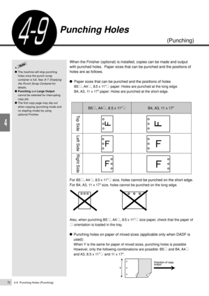 Page 924-9  Punching Holes (Punching)70
Basic Features
4
Punching Holes
(Punching)
When the Finisher (optional) is installed, copies can be made and output
with punched holes.  Paper sizes that can be punched and the positions of
holes are as follows.
Paper sizes that can be punched and the positions of holes
B5, A4, 8.5 x 11 paper: Holes are punched at the long edge.
B4, A3, 11 x 17 paper: Holes are punched at the short edge.
For B5, A4, 8.5 x 11 size, holes cannot be punched on the short edge.
For 
B4, A3, 11...