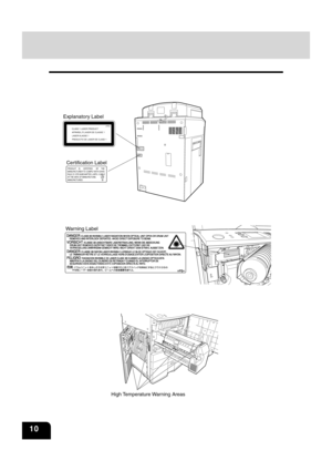 Page 1212
3
4
5
6
78
9
10
11
12
10
Explanatory Label
CLASS 1 LASER PRODUCT
APPAREIL A LASER DE CLASSE 1
LASER KLASSE 1
PRODUCTO DE LASER DE CLASE 1 >PS<
Certification LabelPRODUCT    IS      CERTIFIED       BY     THE
MANUFACTURER TO COMPLY WITH DHHS
RULE 21 CFR SUBCHAPTER J APPL I CABLE
AT THE DATE OF MANUFACTURE.
MANUFACTURED:
JS
M
Warning Label
High Temperature Warning Areas 