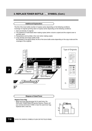 Page 1361
2
3
4
5
6
7
8
9
10
11
12
7-8WHEN THE GRAPHIC SYMBOLS FLASH ON THE TOUCH PANEL
Type of Originals
A.
B.
C.
A
20,00030,00040,00050,000 60,000 70,00074,000
A
20,00030,000 40,000 46,000
B
20,000 27,00015,000
C
A
20,00030,000 38,000
Replace Toner  Bag
- When the toner bag becomes full of used toner, the
REPLACE TONER BAG  
  symbol flashes. Please call
your service technician to ask to have the used toner bag
replaced with a new one.
Dispose of Used Toner
The life of the toner bottle (number of copies)...