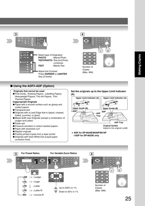 Page 2525
Making Copies
Original Guides
Adjust to the originals width
ADF 
TrayADF TrayADF
i-ADF∗
B A
Upper Limit Indicator (A) BA
Upper Limit Indicator (A) 
Upper Guide (B) 
Upper Guide (B) 
Number of
Copies
(Max. 999)
■ Using the ADF/i-ADF (Option)
34
Select type of Original(s)
PHOTO :Mainly Photo
TEXT/PHOTO :Text and Photo
combined
TEXT :Mainly Text
Adjust the Contrast
Press  DARKER  or LIGHTER
Key (5 levels)
Set the originals up to the Upper Limit Indicator
(A)
∗
∗ ∗
∗
∗
ADF for DP-8020E/8020P/8016P
i-ADF...