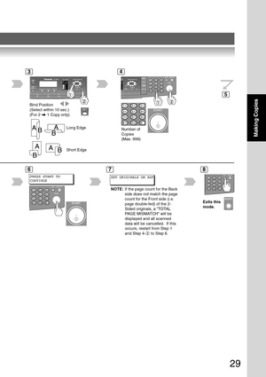 Page 2929
Making Copies
Number of
Copies
(Max. 999)
34
Bind Position
(Select within 10 sec.)
(For 2 
 1 Copy only)Long Edge
Short Edge
5
6
SET ORIGINALS ON ADF
7
Exits this
mode.
8
PRESS START TO
CONTINUE
NOTE:If the page count for the Back
side does not match the page
count for the Front side (i.e.
page double-fed) of the 2-
Sided originals, a TOTAL
PAGE MISMATCH will be
displayed and all scanned
data will be cancelled.  If this
occurs, restart from Step 1
and Step 4- 
2  to Step 6. 