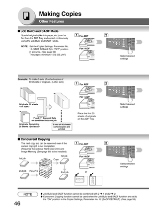 Page 4646
Making Copies
Other Features
■ Job Build and SADF Mode
Special originals (like thin paper, etc.) can be
fed from the ADF Tray and copied continuously
using the Job Build and SADF  Mode.
NOTE: Set the Copier Settings, Parameter No.
12 (SADF DEFAULT) to “OFF” position
in advance. (See page 59)
Thin paper: minimum 15 lb (55  g/m
2)
21For ADF
For i-ADF
Select desired
settings
Example:To make 5 sets of sorted copies of
80 sheets of originals. (Letter size)
1For ADF
For i-ADF
Place the first 50
sheets of...