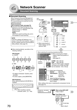 Page 7070
Network Scanner
■ Document Scanning
When Panasonic Document Management
System is installed and configured on your
PC, document(s) can be scanned from the
machine to your PC.
Direct Connection
(with Crossover Cable, see page 76)
● Document Scanning directly from the
Machine to your PC using Windows “My
Network Places” or “Network
Neighborhood”.
NOTE:
USB Port is used for printing only, and is
not available for local scanning.
Document Scanning
12
NOTE
If the PCs address (IP Address) is not
shown on the...