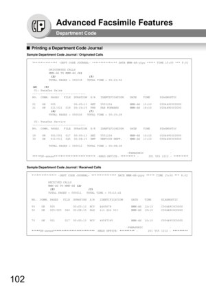 Page 102102
Advanced Facsimile Features
Department Code
QPrinting a Department Code Journal
Sample Department Code Journal / Originated Calls
Sample Department Code Journal / Received Calls
*************** -DEPT CODE JOURNAL- *************** DATE MMM-dd-yyyy ***** TIME 15:00 *** P.01
          ORIGINATED CALLS                    MMM-dd TO MMM-dd (1)           
           (2)                    (3)          
          TOTAL PAGES = 000038   TOTAL TIME = 00:23:56
(4)    (5) 
 01: Panafax...