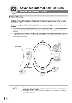 Page 114114
Advanced Internet Fax Features
Internet Communication Features
QInbound Routing
Using the Inbound Routing feature, your machine can route documents received from a G3 Fax machine to email 
address(es), or to Internet Fax machine(s) connected to a LAN as an email, as well as to other G3 Fax machine(s) 
over the telephone line.
When an incoming Internet Fax, Email or a regular Fax document is received, your machine checks for the 
following:
1. First, your machine checks whether a sub-address is...