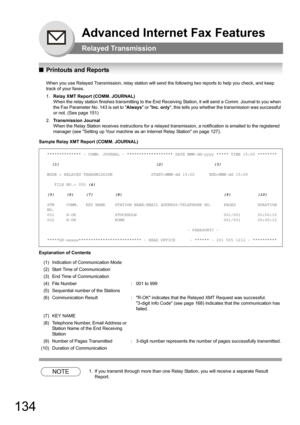 Page 134134
Advanced Internet Fax Features
Relayed Transmission
QPrintouts and Reports
When you use Relayed Transmission, relay station will send the following two reports to help you check, and keep 
track of your faxes.
1.Relay XMT Report (COMM. JOURNAL) 
When the relay station finishes transmitting to the End Receiving Station, it will send a Comm. Journal to you when 
the Fax Parameter No. 143 is set to Always or Inc. only, this tells you whether the transmission was successful 
or not. (See page 
151)...