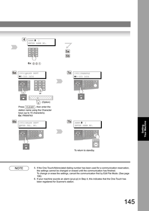 Page 145145
Setting 
Your Machine
NOTE5. If the One-Touch/Abbreviated dialing number has been used for a communication reservation, 
the settings cannot be changed or erased until the communication has finished. 
 
To change or erase the settings, cancel the communication first by Edit File Mode. (See page 
106)
6. If your machine sounds an alarm (pi-pi-pi) in Step 4, this indicates that the One-Touch has 
been registered for Scanners station.
4
5a
ABBR[]  ]
ENTER ABBR NO.
7a[001]PANAFAX
9-555 3456
Ex: 001...