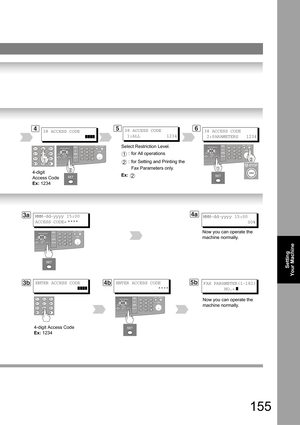 Page 155155
Setting 
Your Machine
 
456
Select Restriction Level.
: for All operations
: for Setting and Printing the 
Fax Parameters only.
Ex: 
1
2
2
38 ACCESS CODE
                
]]]]
4-digit  
Access Code
Ex: 123438 ACCESS CODE
 2:PARAMETERS   1234
38 ACCESS CODE
 1:ALL          1234
Now you can operate the 
machine normally.
4bFAX PARAMETER(1-182)
        NO.=
]
MMM-dd-yyyy 15:00
                 00%3aMMM-dd-yyyy 15:00
ACCESS CODE= ****
3bENTER ACCESS CODE
                
]]]]
4-digit Access Code
Ex:...