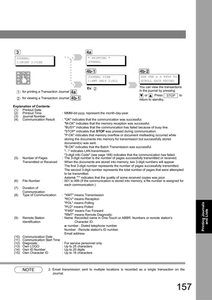 Page 157157
Printing Journals 
and Lists
Explanation of Contents
NOTE2. Email transmission sent to multiple locations is recorded as a single transaction on the 
Journal.
(1)Printout Date(2)Printout Time:MMM-dd-yyyy, represent the month-day-year.(3)Journal Number(4)Communication Result:OK indicates that the communication was successful.
M-OK indicates that the memory reception was successful.
BUSY indicates that the communication has failed because of busy line.
STOP indicates that STOP was pressed during...