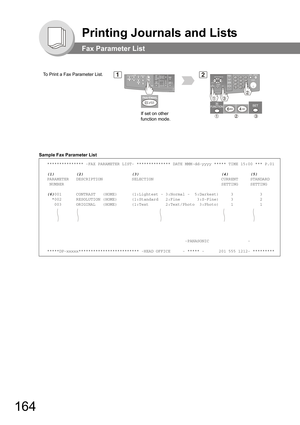 Page 164164
Printing Journals and Lists
Fax Parameter List
Sample Fax Parameter List
*************** -FAX PARAMETER LIST- ************** DATE MMM-dd-yyyy ***** TIME 15:00 *** P.01
(1)         (2)                    (3)                                  (4)         (5)
PARAMETER   DESCRIPTION            SELECTION                            CURRENT     STANDARD NUMBER                                                                 SETTING     SETTING
(6)001      CONTRAST   (HOME)      (1:Lightest - 3:Normal -...