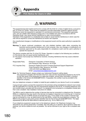 Page 180180
Appendix
FCC Notice for Users in USA
This equipment has been tested and found to comply with the limits for a Class A digital device, pursuant to 
part 15 of the FCC Rules. These limits are designed to provide reasonable protection against harmful 
interference when the equipment is operated in a commercial environment. This equipment generates, 
uses, and can radiate radio frequency energy and, if not installed and used in accordance with the 
Operating Guide, may cause harmful interference to radio...